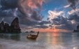 wolken, felsen, das meer, boot, glühen, thailand, krabi