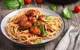зелень, мясо, помидоры, спагетти, базилик, паста, фрикадельки