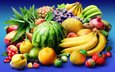 виноград, фрукты, клубника, арбуз, ягоды, апельсин, банан, ананас, дыня