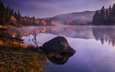 озеро, восход, природа, лес, отражение, утро, туман, осень, камень, канада, raul weisser, kamloops