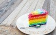 радуга, разноцветный, тарелка, торт, ложка, кусок, слои