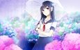 цветы, девушка, аниме, дождь, зонт, школьная форма