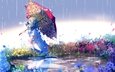 цветы, девушка, аниме, дождь, зонтик, противогаз