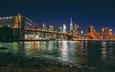 ночь, нью-йорк, манхэттен, бруклинский мост