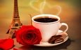 розы, кофе, сердце, блюдце, чашка, шоколад, эйфелева башня