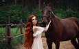 лошадь, девушка, платье, взгляд, лицо, длинные волосы, рыжеволосая, голые плечи, dmitry arhar