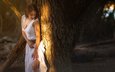 дерево, девушка, поза, белое платье, декольте, солнечный свет
