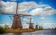 небо, облака, вода, река, природа, мельница, мельницы, нидерланды, ветряная мельница