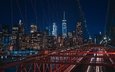 ночь, огни, небоскребы, нью-йорк, здания, бруклинский мост