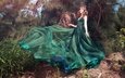 природа, стиль, девушка, корона, азиатка, зеленое платье