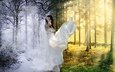 деревья, природа, зима, девушка, настроение, брюнетка, лето, контраст, белое платье