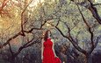 деревья, девушка, взгляд, осень, волосы, лицо, красное платье