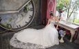 девушка, взгляд, часы, волосы, лицо, азиатка, невеста, свадебное платье