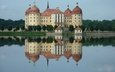 озеро, отражение, замок, архитектура, германия, саксония, замок морицбург, моритцбург