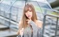 девушка, дождь, волосы, зонтик, азиатка