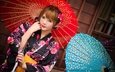 девушка, взгляд, волосы, лицо, кимоно, азиатка, зонтики