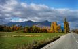 дорога, деревья, горы, природа, пейзаж, осень, новая зеландия, облачно, отаго, квинстаун