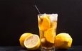 напиток, лето, лёд, черный фон, стакан, трубочка, лимоны, лимонад