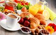 фрукты, кофе, ягоды, завтрак, герберы, круассан, сок