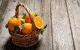фрукты, апельсины, корзинка, цитрусы, деревянная поверхность