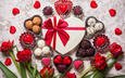 цветы, розы, конфеты, сердце, тюльпаны, подарок, сердечки, день святого валентина, 14 февраля, шоколадные конфеты