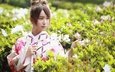 цветы, растения, девушка, взгляд, модель, волосы, лицо, кимоно, азиатка