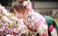 цветы, девушка, модель, волосы, лицо, кимоно, азиатка, закрытые глаза, &nbsp;цветы