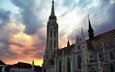 облака, закат, башня, архитектура, венгрия, будапешт, кафедральный собор, старое здание.будапешт.венгрия, старое здание