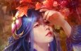 арт, рука, листья, девушка, дождь, лицо, красные глаза, голубые волосы, cao yuwen