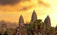 храм, закат, азия, башни, камбоджа, ангкор ват