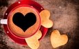 кофе, чашка, сердечки, печенье, выпечка