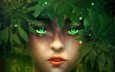 листья, девушка, взгляд, фэнтези, лицо, зеленые глаза, minnhsg