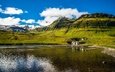 небо, облака, озеро, горы, солнце, зелень, водопад, исландия, snaefellsnesog hnappadalssysla