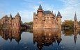 вода, отражение, замок, нидерланды, голландия, замок де хаар, de haar castle