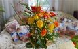 цветы, розы, комната, букет, гипсофила