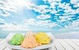 небо, облака, мороженое, шарики, десерт, деревянная поверхность