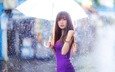 девушка, платье, взгляд, дождь, волосы, зонт, лицо, зонтик, азиатка