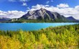 небо, облака, деревья, озеро, горы, осень, канада, альберта, национальный парк, банф, abraham lake