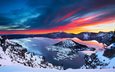 облака, озеро, горы, восход, снег, зима, пейзаж, crater lake national park, кратерное озеро