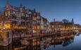 ночь, огни, отражение, город, нидерланды, амстердам, herman van den berge