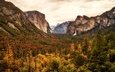 облака, деревья, горы, скалы, лес, панорама, водопад, осень, сша, ущелье, долина, калифорния, йосемити, йосемитский национальный парк
