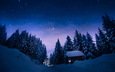 небо, деревья, снег, лес, зима, звезды, сосны, домик, снегопад