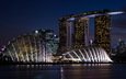 ночь, огни, река, город, набережная, сооружение, здания, сингапур, marina bay sands