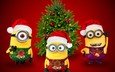weihnachtsbaum, punkte, cartoon, mütze, weihnachten, roter hintergrund, jumpsuit, minions, santa