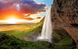 небо, вода, река, горы, природа, пейзаж, водопад, исландия, селйяландсфосс