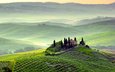 холмы, пейзаж, сад, дом, италия, виноградник, тоскана