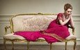 поза, актриса, руки, прическа, диван, лили джеймс, розовое платье, war & peace, natasha rostova