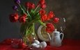 цветы, букет, тюльпаны, яблоко, посуда, зефир, композиция