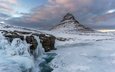 небо, облака, горы, снег, зима, водопад, лёд, исландия, киркьюфетль, гора kirkjufell, kris williams, kirkjufellsfoss
