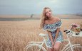 цветы, девушка, блондинка, модель, позирует, велосипед, декольте, пшеница поле, konstantin gerasimov